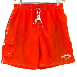 Vintage Lifeguard Shorts Red Men's Beach Multi Pocket Polyester Size 2XL 90's